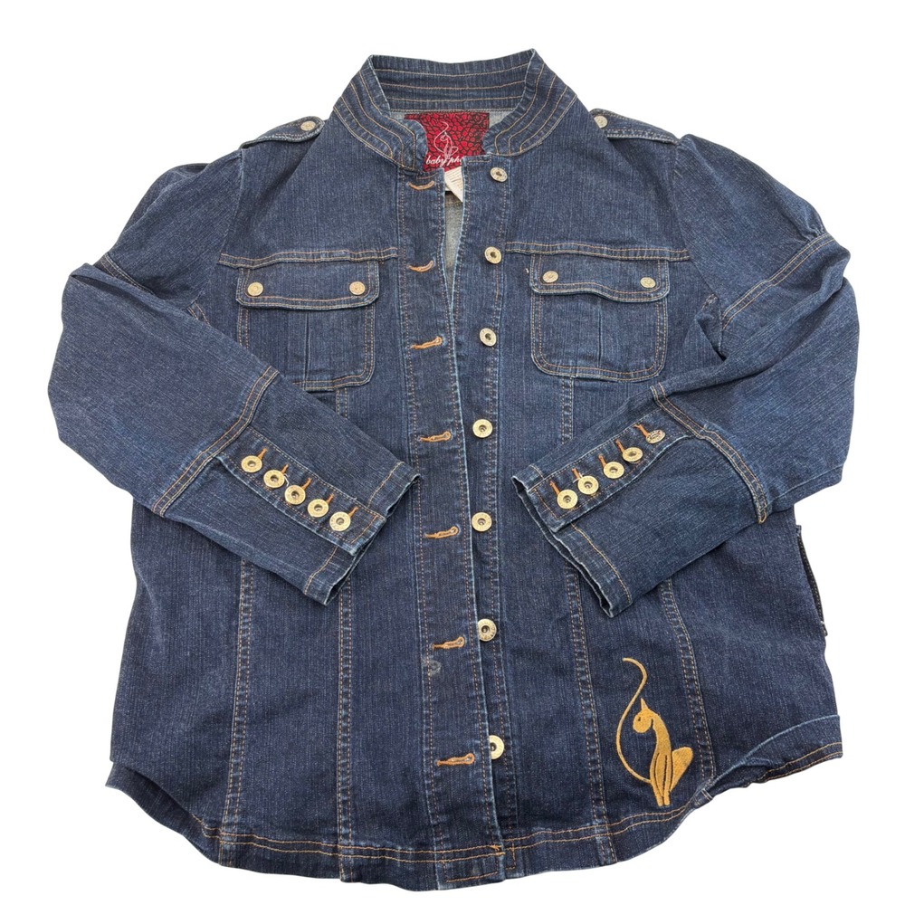 Baby Phat Jean Co Dark Wash Denim Military Jacket Cat Logo Plus Size 1X S1E007RS